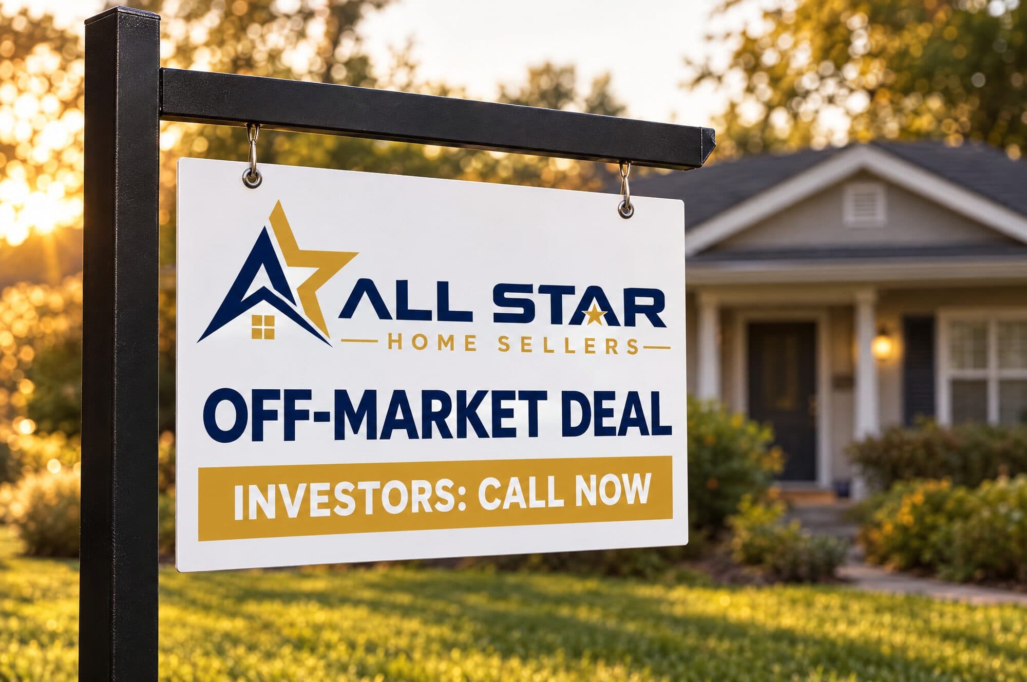 Hanging yard sign reading Off-Market Deal, Investors: Call Now